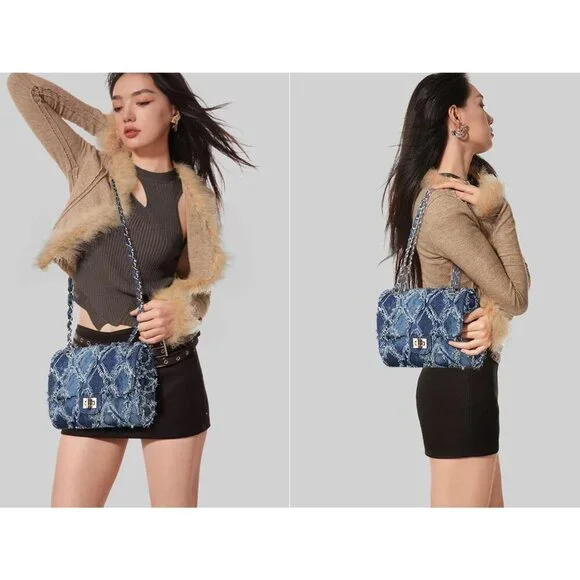 MKP Small Quilted Denim Crossbody Bag for Women, Chain Strap Evening Clutch - Picture 5 of 6